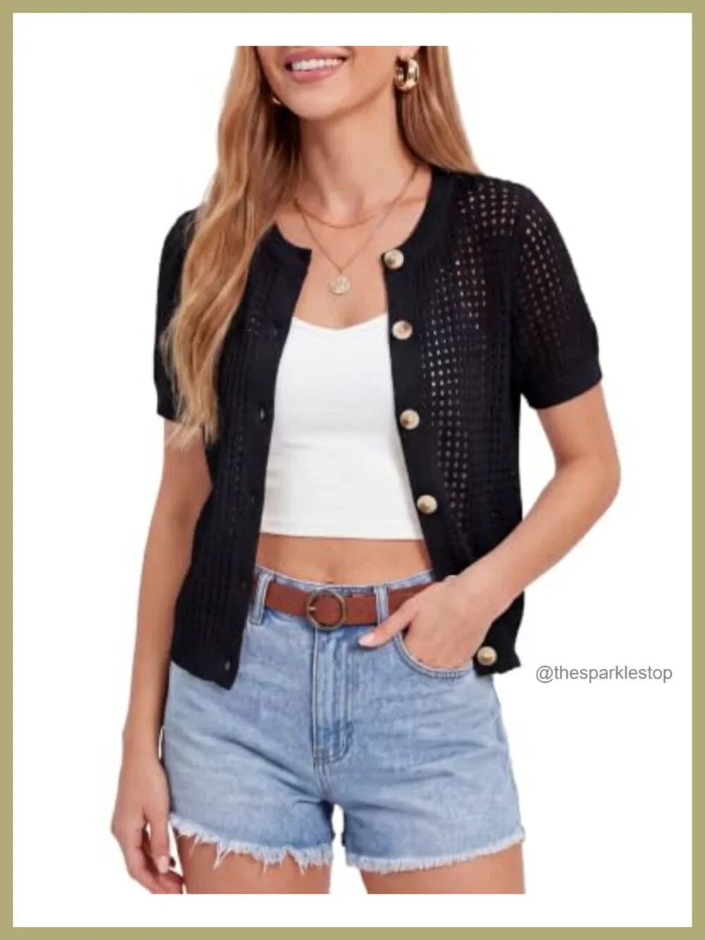 Crochet Cardigan Women Short Sleeve Open Knit Sweater Lightweight Crewneck